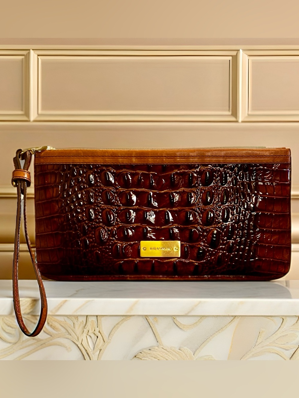 Brahmin Daisy Wristlet – Pecan Melbourne Croc Embossed Pouch w/ Removable Strap